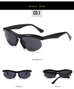 Multi-angle views of semi-rimless sport sunglasses with black frames and grey lenses