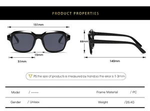 Detailed size chart for oversized unisex sunglasses showing frame width and lens specs