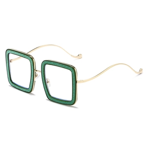 Fashion Women Blue Light Blocking Square Eyeglasses Metal Wave Temples Glitter Large Frame Decorative Optical Glasses Frame
