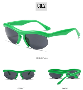 Bright green semi-rimless sports sunglasses with dark gray lenses in multi-angle views