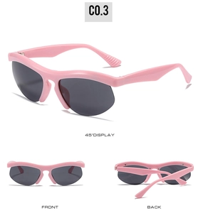 Detail view of pink semi-rimless sports sunglasses with dark grey lenses in multiple angles