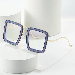 Fashionable oversized square purple glitter eyeglasses with slim gold metal temples