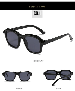 Three views of black oversized square sunglasses with gray lenses and polished frames