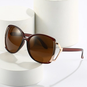 Oversized retro sunglasses with dark brown lenses and golden hollow metal temples