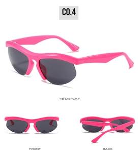Multi-angle view of bright pink wrap-around sports sunglasses with dark grey lenses