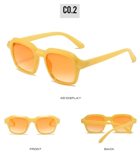 Multi-angle views of oversized yellow square sunglasses with orange gradient lenses