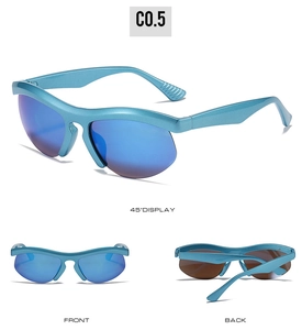 Detail view of light blue sports sunglasses with semi-rimless frame and blue mirrored lenses