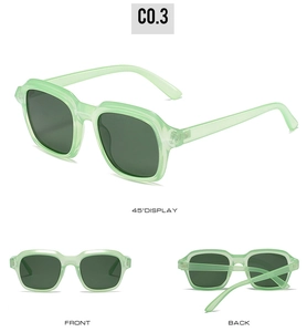 Three-view layout of retro square light green translucent sunglasses with dark green lenses