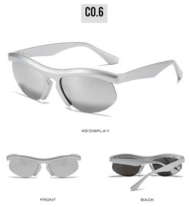 Detailed views of silver sports sunglasses with futuristic wrap frame and mirrored lenses