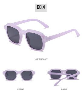 Multi-angle view of lavender square oversized sunglasses with dark grey lenses