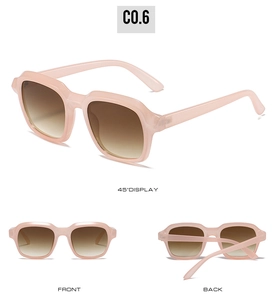 Three-angle view of pink jelly frame sunglasses with brown gradient lenses and modern design
