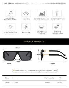 Detailed sizing chart and technical specifications for rectangle black frame sunglasses
