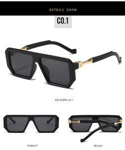 Detailed views of geometric square sunglasses with gold accents and dark lenses