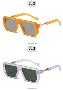 Detail view of square geometric sunglasses in orange and purple translucent frames