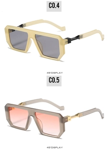 Detailed 45-degree view of square geometric sunglasses in yellow and grey frames