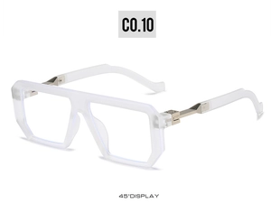 Detailed 45-degree view of square oversized sunglasses with frosted white frames and hinges