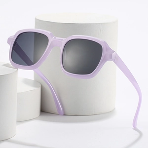 Fashionable oversized square sunglasses with lavender purple frame and dark grey lenses