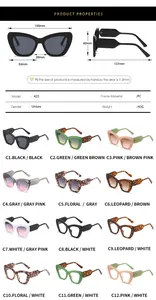 Detailed size chart and technical specifications for stylish cat eye sunglasses frame
