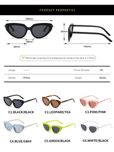 Detailed dimension chart for Y2K cat eye sunglasses showing PC frame size and measurements