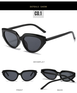 Detailed multi-angle view of Y2K black cat-eye sunglasses with retro frames