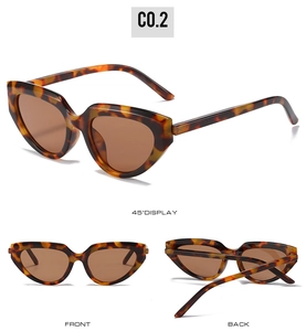 Three views of Y2K cat-eye sunglasses featuring tortoiseshell frames and brown lenses