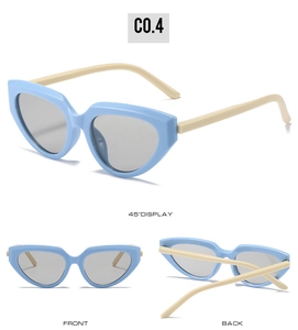 Three-angle view of vintage Y2K cat-eye sunglasses with light blue and beige frame