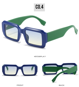 Vue sous trois angles de lunettes de soleil carrées bicolores bleu foncé et vert