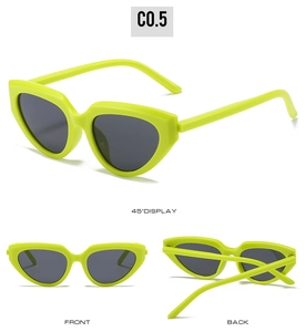 Three-angle views of retro neon green cat eye sunglasses with dark gray UV lenses
