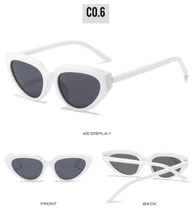 Three-view display of Y2K cat-eye sunglasses with white frames and dark gray lenses
