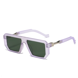Fashionable oversized square sunglasses with translucent purple frames and dark green lenses