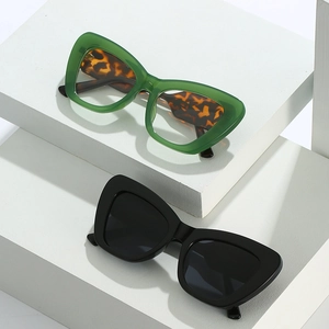 Stylish cat-eye sunglasses in transparent green leopard and classic black frames