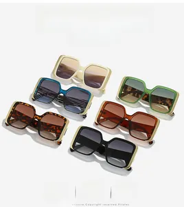 Detail of square oversized sunglasses showing gold metal accents and various color options