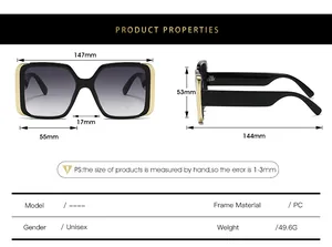 Size chart for black square sunglasses showing 147mm frame width and PC material