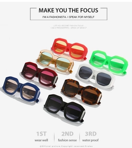 Detailed view of eight diverse color styles for these oversized square fashion sunglasses