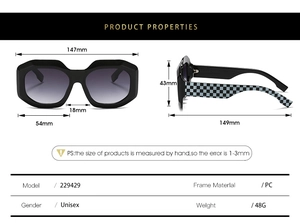 Detailed dimensions of oversized square sunglasses with black and white checkerboard temples