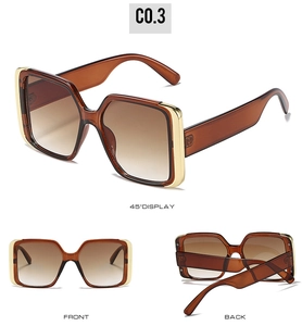Detailed multi-angle views of square sunglasses with gold metal accents and gradient lenses