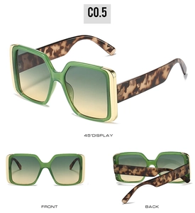 Detailed views of green square sunglasses with gold metal trim and leopard print temples