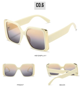 Detailed views showing square sunglasses with gold trim and gradient lenses