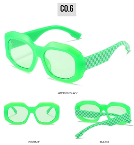 Detail view of large green oversized sunglasses featuring trendy green checkered temples