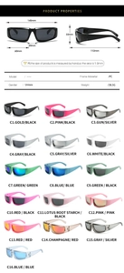 Detailed size chart and 16 color variants of retro slim sports cycling sunglasses