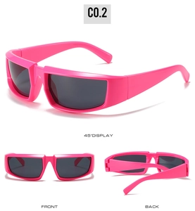 Three-way view of rose pink cycling sunglasses with thick frames and dark lenses
