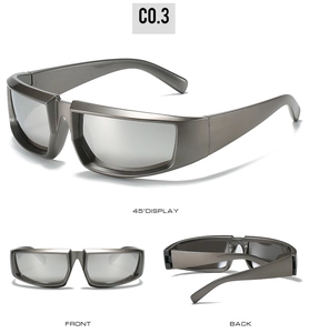 Three-view display of futuristic cycling sunglasses with silver mirror lenses and gunmetal frame