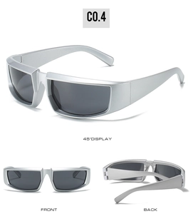 Multi-angle view of silver sports cycling sunglasses with dark grey rectangular lenses