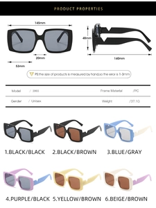Detailed chart of large square sunglasses showing PC frame specs and multiple colors