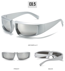 Three-angle views of matte silver one-piece sports sunglasses with futuristic mirrored lenses
