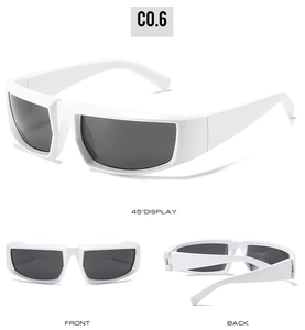 Three-view display of white oversized cycling sunglasses showing front and side angles