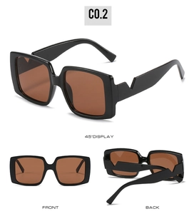 Three-angle view of black square frame sunglasses with V-shaped geometric temple design