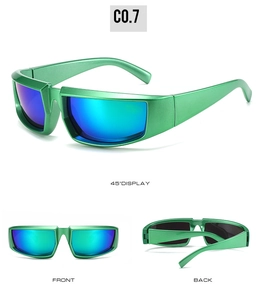 Three-angle views of green cycling sunglasses with blue mirrored lenses and C0.7 model