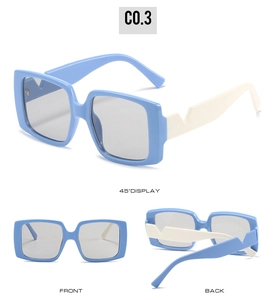 Three-view display of square oversized sunglasses with blue frames and white V-shaped temples