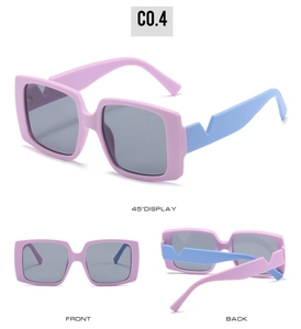 Three views of pink rectangle sunglasses with blue temples and gray tinted lenses
